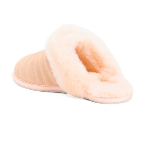 NEW UGG WOMEN'S PEACH SUEDE SHEARLING LINED SLIP ON SCUFF SLIPPERS PEACH - Picture 2 of 8